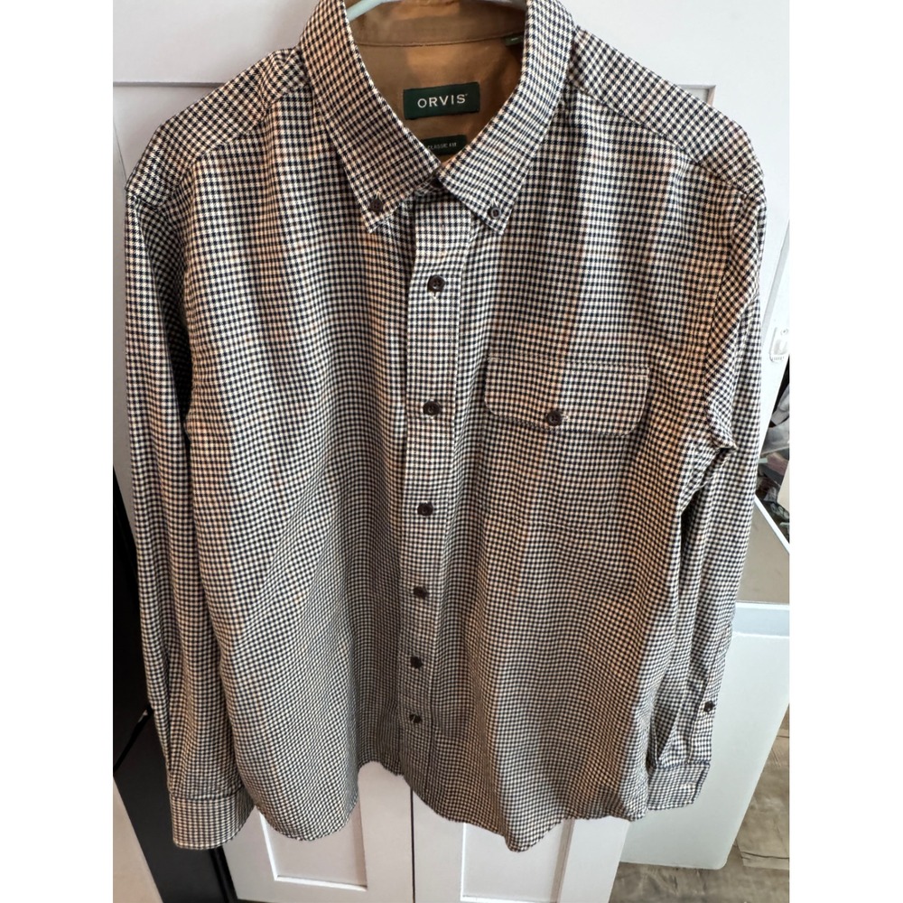 Orvis Mens Classic Fit Houndstooth Button Down Shirt‎ Navy Tan Cotton Medium